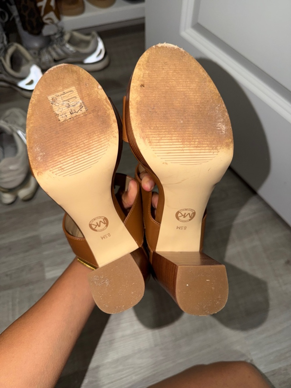 Michael Kors Tan Leather Block Heel Slingback Sandals - Picture 3 of 3